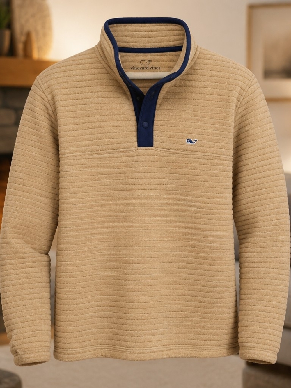 Vineyard Vines Tan and Navy Logo Pullover Mock Neck  Size Medium